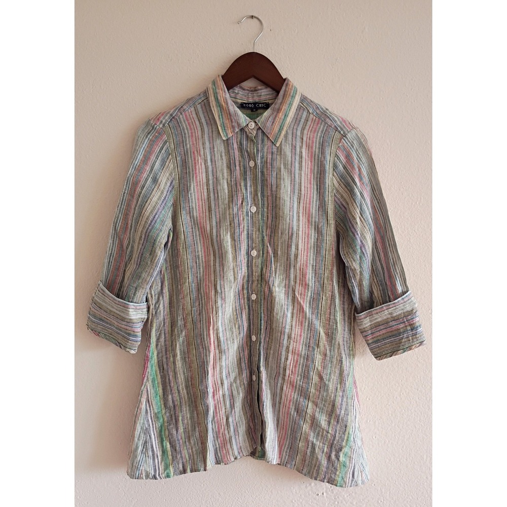 Boho Chic Linen Blend Multi Color Striped Button Down Tunic Top Back Zip Women S
